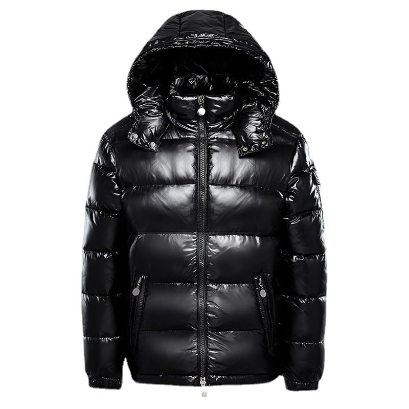 Mens Shiny Down Jackets Winter Waterproof Thicken Puffer Jacket Coats with Removable Hood Fashion Parka Coat Outerwear Black XL