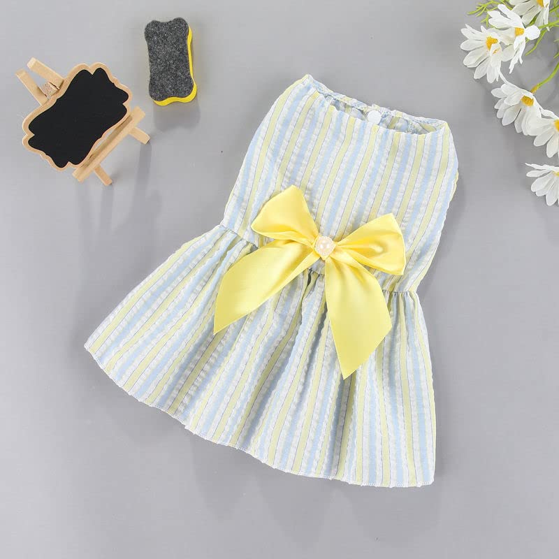 Image of KUTKUT Cotton Small Dog Frock Dress Girl Puppy Clothes Female Princess Tutu Striped Skirt Summer Shirt Shihtzu,Pug Cat Pet Apparel Outfits (Size: Xl,Chest: 50Cm,Length: 40Cm,Yellow,1 Count)