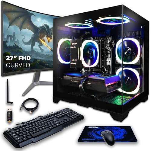 Image of SAAV CORE Prebuilt Gaming PC Bundle Desktop Tower AMD Ryzen 5 5500 GeForce RTX 3050 6GB GDDR6 Curved 27in Monitor 32GB DDR4 1TB NVMe SSD WiFi 6 Windows 11 Black RGB Computer PC Gaming