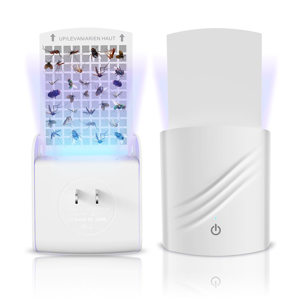 Flying Insect Trap, Fruit Fly Traps for Indoors Gnat, Mosquito, Moth and Housefly, Plug-in Bug Light UV Attractant Catcher Fly Traps Indoor for Home Office - No Odor (1 Device + 5 Glue Cards)