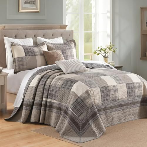 Image of EWlinens 120 inchx120 inch Oversized King Bedspread - 100% Cotton Lightweight California King Bedspreads Coverlet Set, Farmhouse Patchwork Plaid Reversible Quilts Bedding Set, 3pcs, Brown /Beige /Khaki