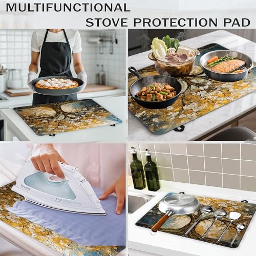 Image of Gold Tree Stove Top Covers for Electric Stove,Spring White Flower Glass Top Stove Cover, Heat Resistant Range Covers for Electric Stove,Washable Countertop Mat, 28 x 20 Inch