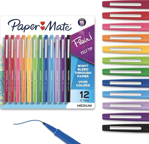 Paper Mate Flair Felt Tip Pens, Medium Point (0.7mm), 12 Count - For Arts & Crafts, Note-Taking...