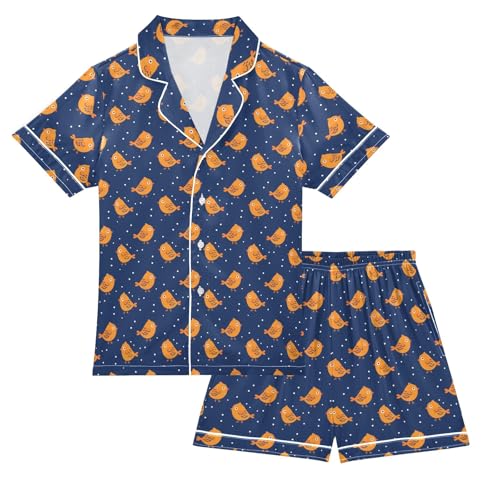 Orange Cute Bird Summer Satin Pajama Set, Cute Button-Down Sleepwear Pj Set for Sleep Wears