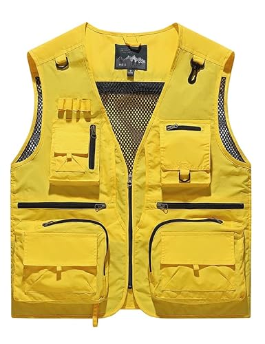 Oulivey Men's Breathable Mesh Fishing Vest Multi-Pocket Utility Vest for Fishing Photography Outdoor Activities Vest(0491-Yellow-L)