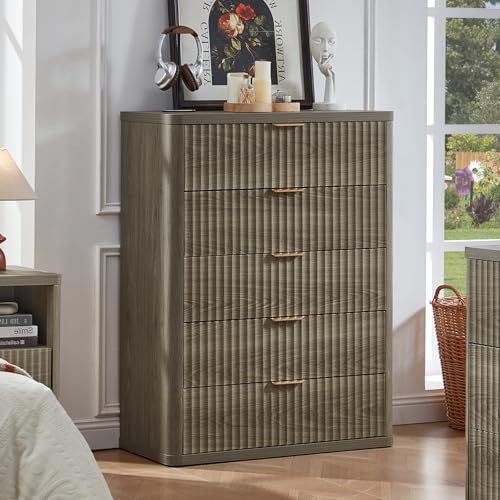 Image of LEYAOYAO Fluted 5 Drawers Dresser Set of 2, 41 inch Tall Modern Chest of Drawers with Metal Handle, Curved Profile Dresser TV Stand, Wooden Drawer Organizer for Bedroom, Living Room, Hallway,Grey