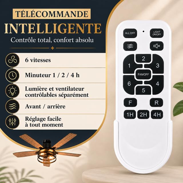 Rosnek Ventilateur Plafond avec Lumière et Télécommande, Ventilateur Silencieux en Cage 132 cm, 6 Vitesses & Minuterie, Moteur DC Réversible, 5 Pales en Bois Réversibles pour Chambre Salon Terrasse
