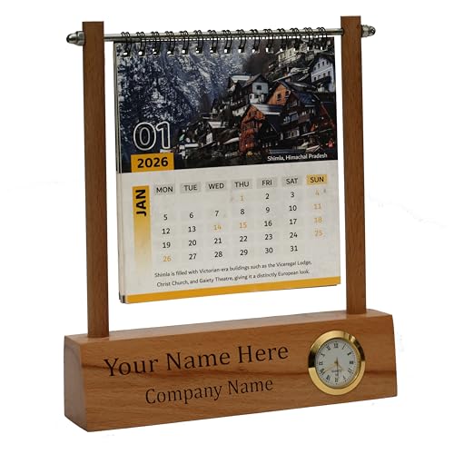 Image of Deskart Personalized Desktop Calendar | Wooden Customized Lifetime Infinity Calendar with Clock and Personal Name Marking | Foldable for Home Decor, Office Desk and Study Table (Octo Personalized)