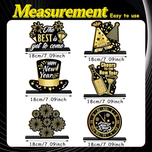 Image of Suzile 6 Pieces New Years Wooden Centerpieces Happy New Year Eve Table Decorations 2026 Black Gold Glitter Indoor Decor Eve Party Holiday Supplies for House Celebrations