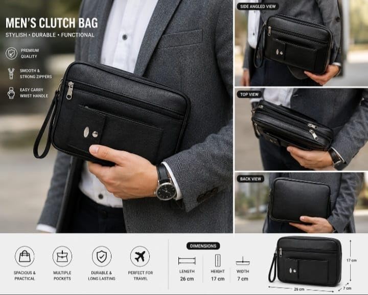 Image of PSH Men's Synthetic Leather Cash Pouch /Money Carrying Multipurpose travel Big Wrist Clutch Business Handbag Sling Document Carry Bag, High-capacity Shop Size- 26x17x7 Cms