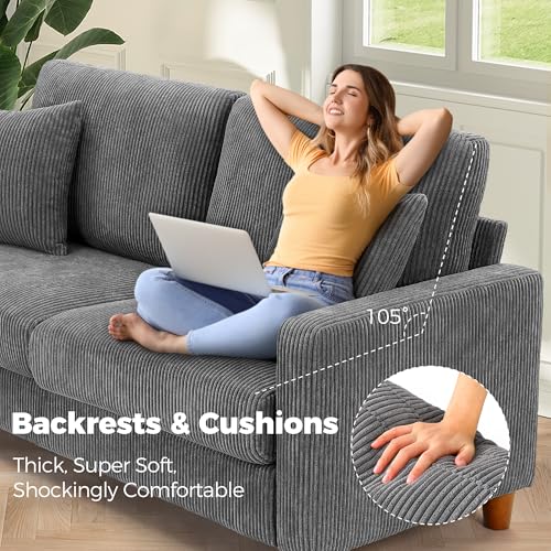 Image of Kidirect 70in Corduroy Couch, Sofa No Tool Assembly, Comfy Couches for Living Room 21in Deeper Seats, Corduroy Sofas for Living Room with 2 Pillows, Oversized Loveseat Sofa, Boho Love Seat Grey Couch