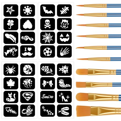 Alaoo Kit de pinturas rosto, 4 modelos de pinturas rosto, palmilhas de maquilhagem reutilizáveis com 10 pincéis, para Halloween festas de maquilhagem carnaval, Preto