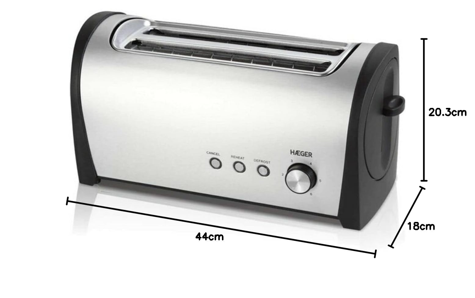 HAEGER DESAYUNO PLUS - Tostadora Multifunción con 1400W de potencia - 2 Ranuras Largas, exterior en INOX, control electrónico de tostado - 6 posiciones, 3 funciones: recalentar, descongelar y cancelar
