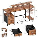 Furologee 61" Computer Desk with Power Outlet and LED Lights, Desk with Fabric File Cabinet Drawer, Large Reversible Table with Shelves and Monitor Stand, Writing Study Table for Home Office - Image 3
