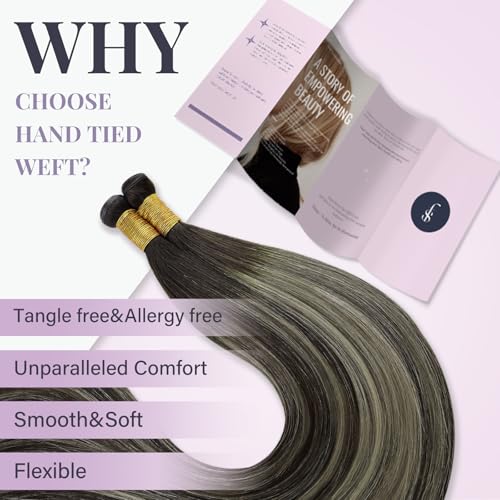 Fshine Weft Real Hair Wefts 55 cm Straight Wefts Real Hair Balayage Dark Brown to Platinum Blonde Real Hair Extensions for Sewing 60 g Colour 2/60/2 - Image 3