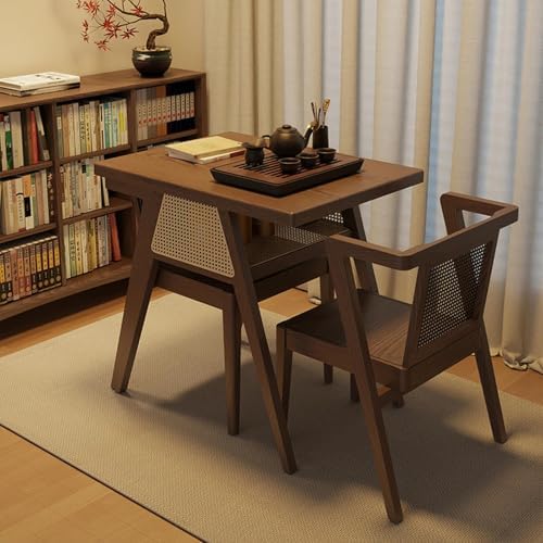 Walnut Bistro Rattan Dining Set - Solid Wood Square Table & 2 Stackable Chairs for Small Spaces, Modern Outdoor/Indoor Furniture, Perfect for Patio, Garden, and Dining Room