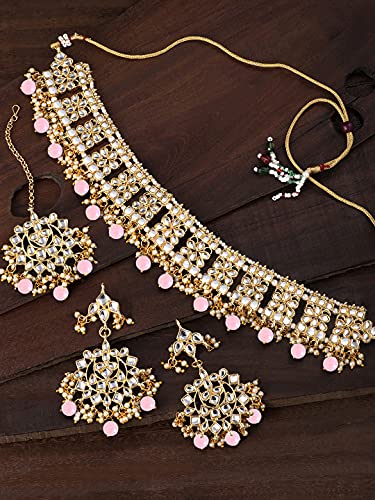Image of Aheli Elegant Indian Faux Kundan Studded Choker Necklace with Maang Tikka Set Ethnic Wedding Wear Bharatanatyam jewellery set Gift for Women