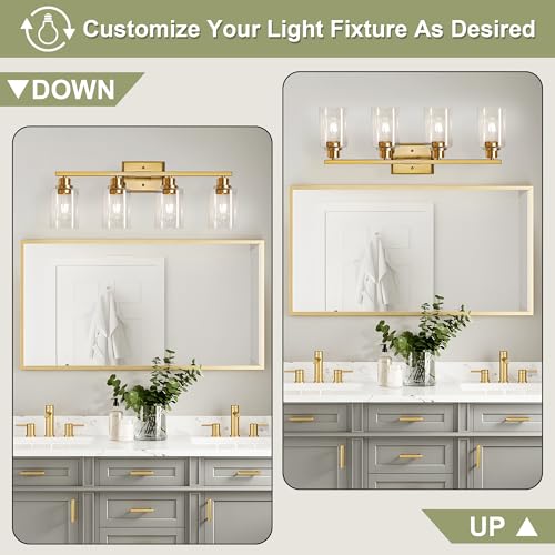 Image of Unicozin Modern Bathroom Light Fixtures, 4 Light Vanity Lights Over Mirror, Gold Wall Lamp with Clear Glass for Living Room Cabinet Bedroom Porch Powder Room