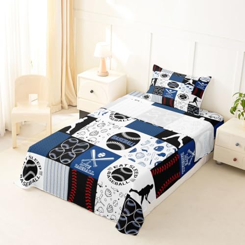Image of Castle Fairy Baseball Bed Sheet Set Twin Size,Sports Geometric Grid Blue Sheet Set Kids Teens,Patchwork Baseball Bedding Decor Set with 1 Flat & 1 Fitted Sheet with 1 Pillow Sham