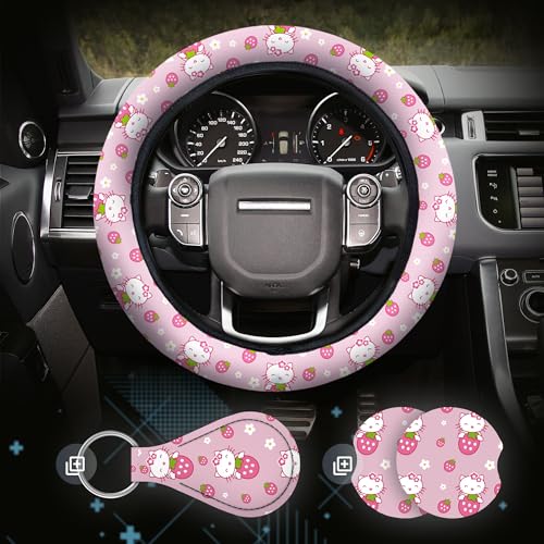 Kitty Accessories Car Strawberry Pink Cat Wheel Cover Y2K Car Accessories Girly Steering Wheel Cover Universal Fit 14.5-15 inch Auto SUV Vans Trucks Anti-Slip and Sweat Absorption