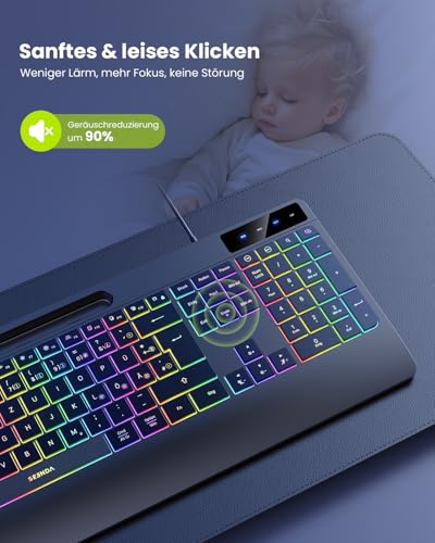 seenda KOE200 Kabelgebundene Tastatur mit USB-A- & USB-C-Kabel beleuchtet, ergonomische Tastatur mit Handyhalter mit Handyhalter, leise Tasten, Fur Windows/Tablet/Mac– QWERTZ Layout 6