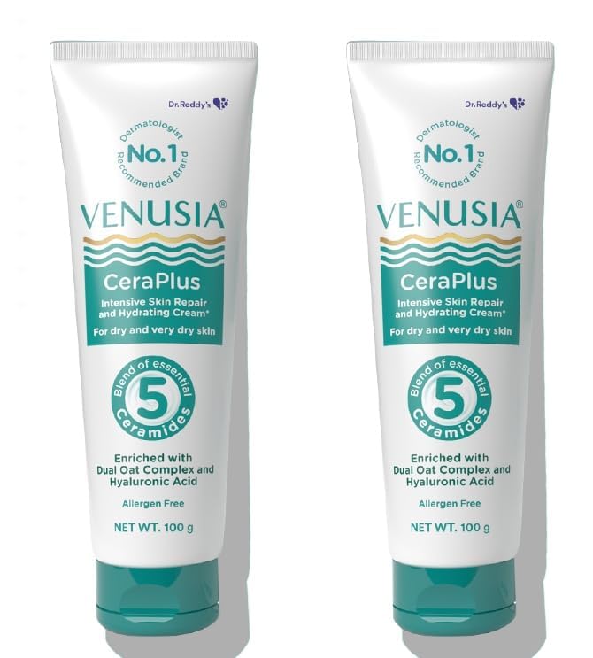 Dr. Reddy's Venusia CeraPlus Moisturizing Cream For Dry Skin - Formulated With 5 Essential Ceramides, Oat Complex & Hyaluronic Acid | Hypoallergenic and Fragrance-Free | 100 g (Pack of 2)