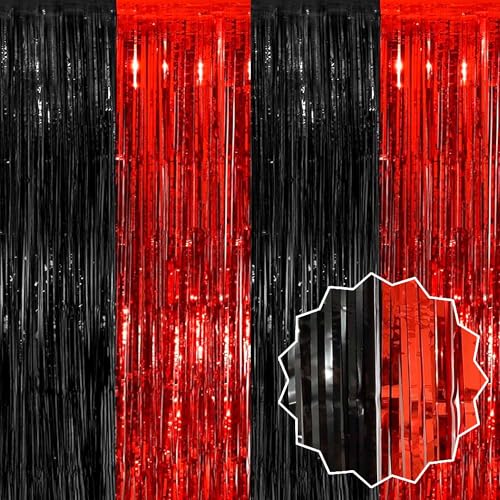 Image of 3 Pack Black and Red Foil Fringe Curtains Backdrop, 3.28 x 9.8 Ft Metallic Streamers Tinsel Curtains Background for Photo Booth, Birthday, Halloween, Christmas, New Year Party Decorations