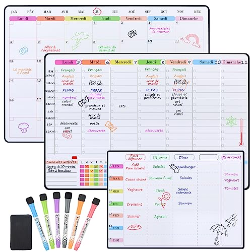 POPRUN 3 Pièces Calendrier Magnétique pour Frigo, 42 x 28 cm Planning Semaine, Planning Mensuel, Planificateur des Menus, idéal comme emploi du temps, liste de...