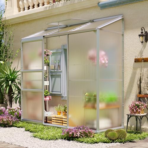 Showellgard 6x2ft Lean-to Polycarbonate Greenhouse Small Walk-in Greenhouse with Adjustable Roof Vent Rain Gutter and Sliding Door Outdoor Green House for Backyard Sliver