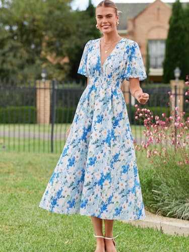 Image of Flessibili Womens Short Sleeve Floral Maxi Dresses 2026 Spring Wedding Guest Party Summer Dress Blue White Lily X-Large