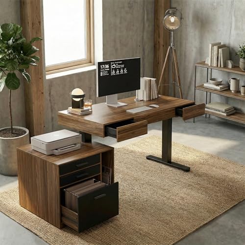Image of ErGear Standing Desk with 3 Drawers, 63 Inch Electric Adjustable Height Desk with Storage, Whole-Piece Board Stand Up Desk for Home Office,Dark Walnut