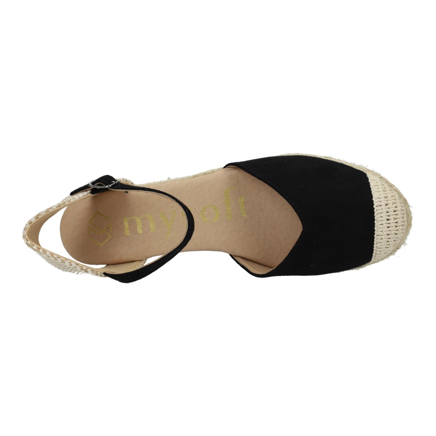 25M102 Esparteñas de Mujer en Color Negro, con Plantilla de Gel. Alpargatas con cuña de 4.5cm, Cierre de Hebilla, Calzado Vegano ecofriendly Mujer Alpargatas