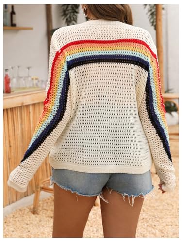 Women's Plus Size Rainbow Striped Knit Tops Y2K Hollow Out Long Sleeve Drop Shoulder Sweater Pullovers2