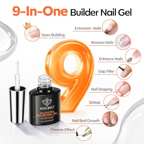 Image of modelones Builder Nail Gel, Clear Builder for Nails No Top Coat Needed, C-Curve Sculpting, Glossy Jelly Finish Crystal Clear, No-Wipe, 9-in-One LED Lamp Cured Color Gel Polish for Quick Diy Salon