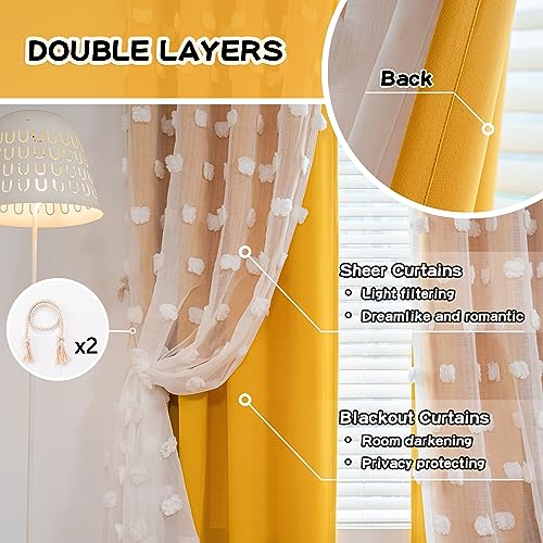 Image of MYSKY HOME Nursery Curtains Yellow Double Layer Curtains for Bedroom 63 Inch Long Curtains for Kids Room Kithen White Pom Pom Sheer Grommet Room Darkening Window Curtains 2 Panels Set, 52 x 63 Inch
