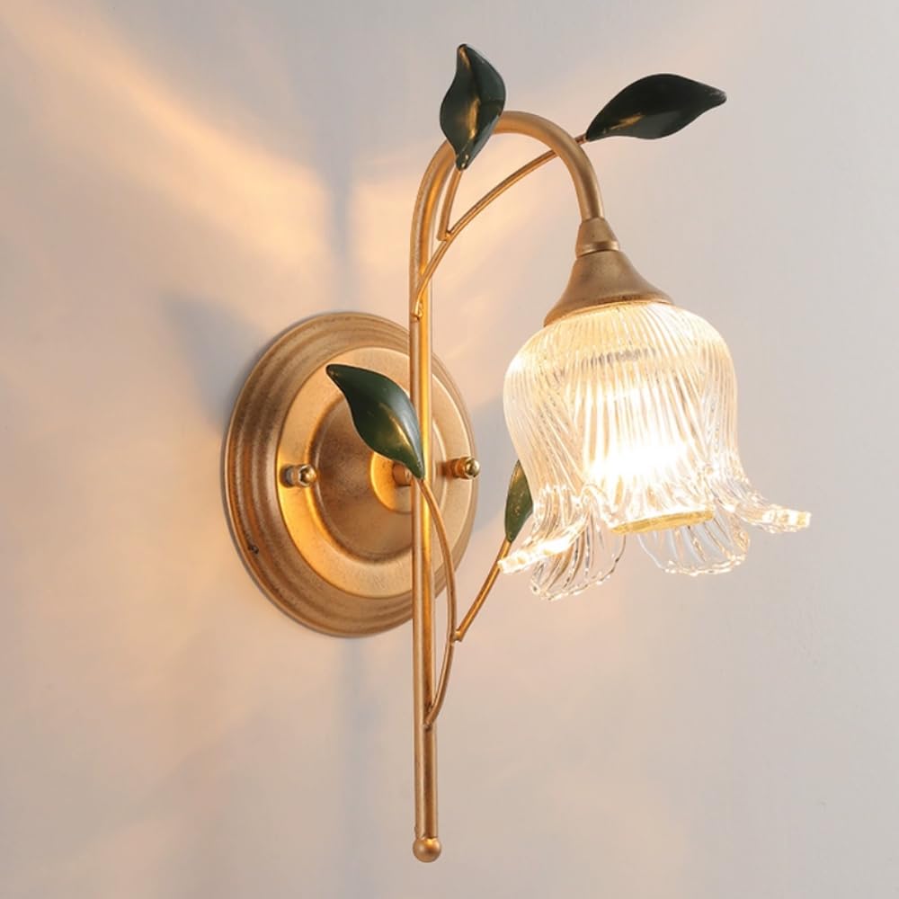 HUAYUSEDF Antique Glass Wall Light Fixture Mid Century Modern Sconce Vintage Flower Farmhouse Lighting Nordic Floral Bedroom Mounted Lamp for Stairs Bedside Living Room Aisle
