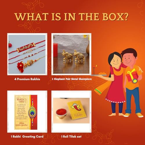 Image of Good Luck 4 Rakhi Set with Gift for Brother Bhai Bhabhi - 4 Rakhi Combo for Brother Gift Combo - Lucky Elephant Trunk Up Showpiece /Peacock Rakhi /Lumba Rakhi /Best Wishes Greeting Card
