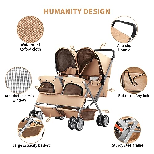 Joyfultails Hundewagen, Doppel-Haustier-Kinderwagen, faltbarer Kinderwagen für 2 Hunde und Katzen, Zweisitzer-Tragetasche, Twin Dog Walk Jogger, Reise-Haustierwagen mit Stauraum, Beige