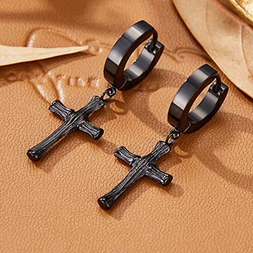 Stainless Steel Bamboo Cross Hoop Earrings, Hypoallergenic Religious Dangle Pierced Huggie Small Cuff Earrings For Women Men Jewelry Gift Black #TOP2