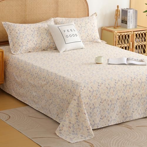 Image of Story@Home King Size Bedsheet | Air Cotton Flatsheet King Size with Two Pillow Covers| 240 TC | Super Soft Bed Sheet for King Size Bed | Floral Design (270 x 250 cm, Creame & Blue)