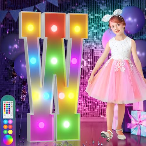 Image of Imprsv Colorful Marquee Letters 4 Feet Tall, Large Light up Letters W | RGB with Remote, Birthday Party Decorations Anniversary Wedding Decorations Assembly Required 28 Pcs Accessory Set