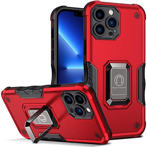 Image of Case for iPhone 13 Pro Case Kickstand Holder Built-in Magnetic Car Mount Shockproof Camera Protective Case for iPhone 13 Pro Phone Case (Red)