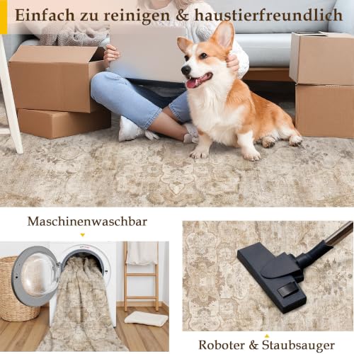 PureCozy Vintage Teppich Wohnzimmer Waschbarer 240x300cm Beige Teppiche – Ansicht 6