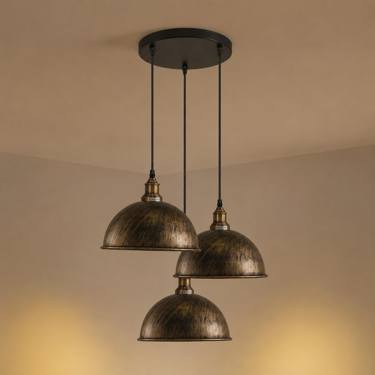 Dc Voltage Brushed Brass Retro Industrial 3 Way Pendant Light Edison E27 Base Dome Shape Adjustable Hanging Cluster Pendant Lamp Fixture For Bedroom Kitchen Living Room