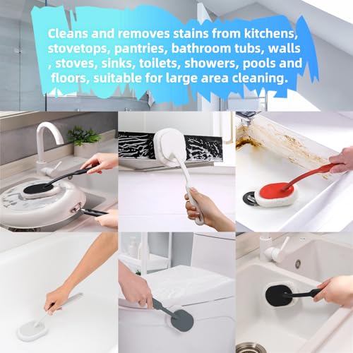 Image of Long Handle Sponge Scrub Bathroom Brush, Sponge Cleaning Brush with Handle Large Wall Scrubber Shower Long Handles Brush for Tableware, Kitchen, Toilet, Bathroom Cleaning Tools Accessories White