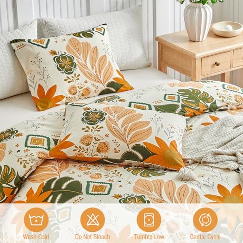 Image of Lekesky Queen Size Reversible Duvet Cover, Duvet Cover Queen Size 3 Piece Baroque Microfiber Botanical Bedding Set with Zipper Closure 8 Corner Ties