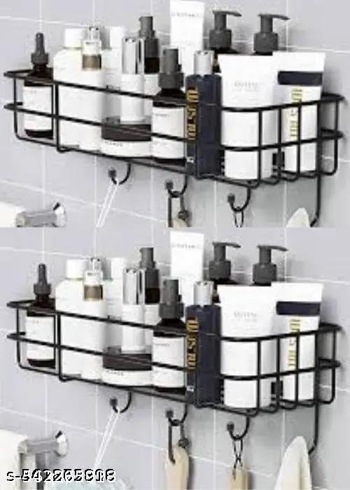 (PACK OF 2) Steel Self-Adhesive Multipurpose Bathroom Shelf with Hooks/Towel Holder/Rack/Bathroom Accessories-Wall Mount - Pack|Design - for home and kitchen 2