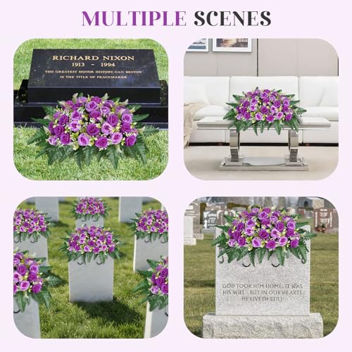 ICX Cemetery Flowers for Grave Saddle, Artificial Rose Memorial Flowers, Headstone Flower Saddle, Cemetery Memorial Flowers for Outdoor Tombstone Decorations for Remberance (Purple image 5