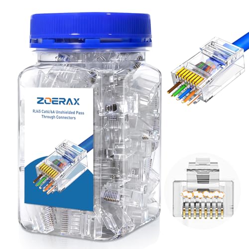 ZOERAX 100-Pack Cat 6A RJ45 Pass Through Connector Cat 6 RJ45 Connector Wire OD 1.20mm Ethernet Ends/Unshielded RJ45 Connector for Solid or Stranded UTP Cable