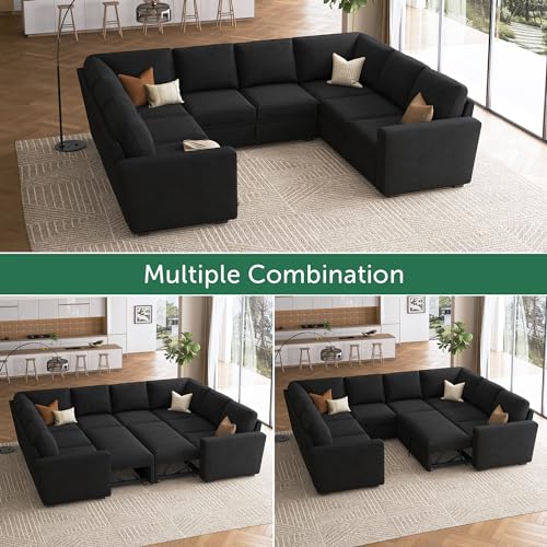 Image of HONBAY Sleeper Sectional Couch with Pull Out Bed, Velvet Modular Sofa with Storage, U Shaped Sectional Couches for Living Room, Black